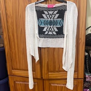 Retro/Y2K Cool & Chic White Black Teal Aztec Patterned Women's Cardigan